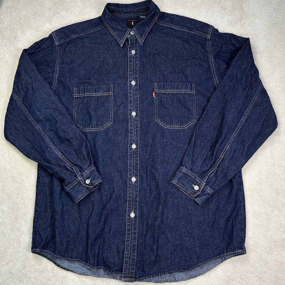 Vintage 90s Levis Red Tab Denim Shirt Mens XL Blue Metal Button Up